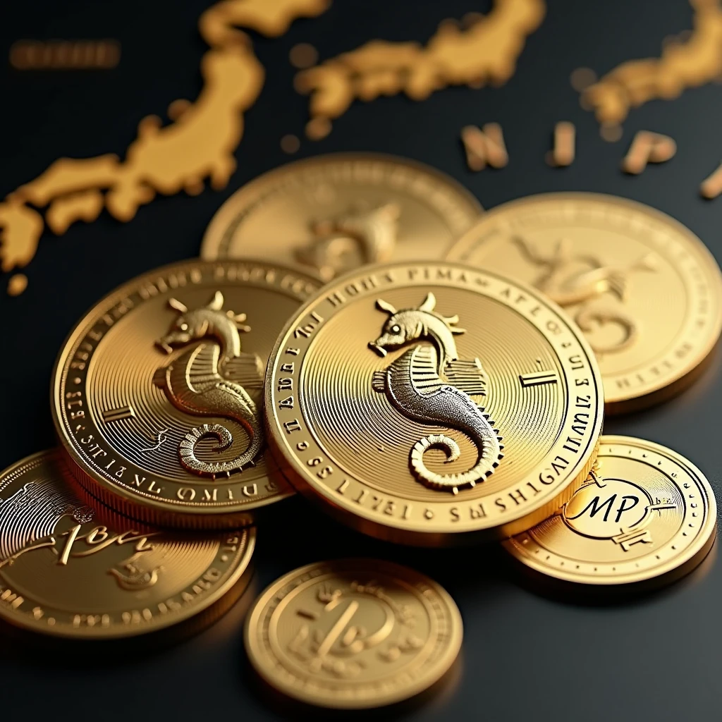 Coins will be made with the letters MJP in the center.. Seahorse design in the center. Money, high quality, A luxurious image. On the outside are maps of JAPAN and MARASHIMA..
No transparent background