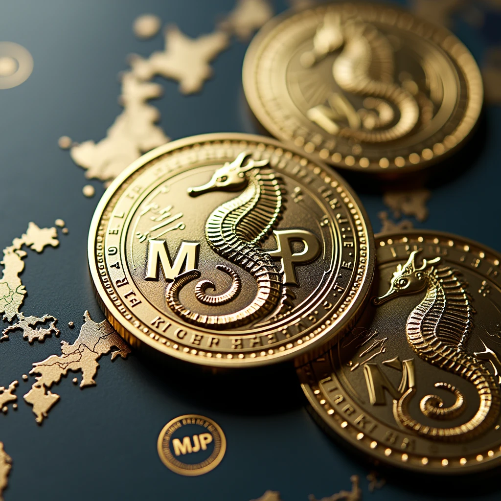 Coins will be made with the letters MJP in the center.. Seahorse design in the center. Money, high quality, A luxurious image. On the outside are maps of JAPAN and MARASHIMA..
No transparent background