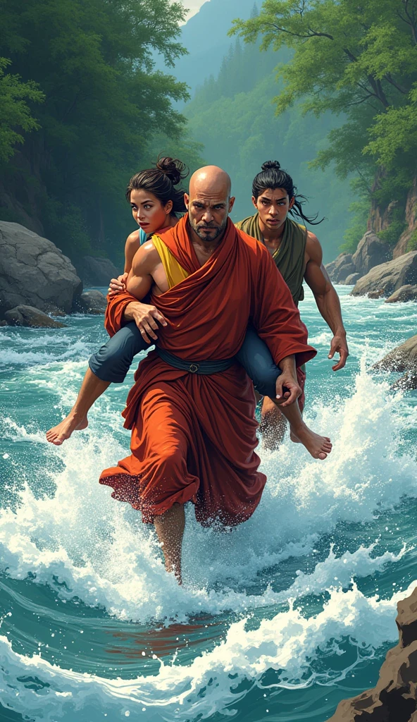 Scene: The monk wading through the river, carrying the young woman on his back, while the disciple follows hesitantly.
Character Description: The monk appears strong and steady, while the disciple struggles with the current, looking conflicted.
In a comic style 