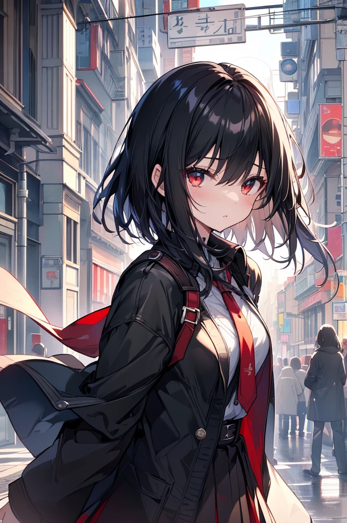 (masterpiece, highest quality, highest quality, (No text), Beautiful and aesthetic:1.2),No text,アニメ、BREAK,One Girl，Black Hair Girl　 adult　short hair　older sister　Beautiful eyes　Red eyes　cool　Whimpering　Black and Red　skirt　Black jacket　White clothing　whole body　In town