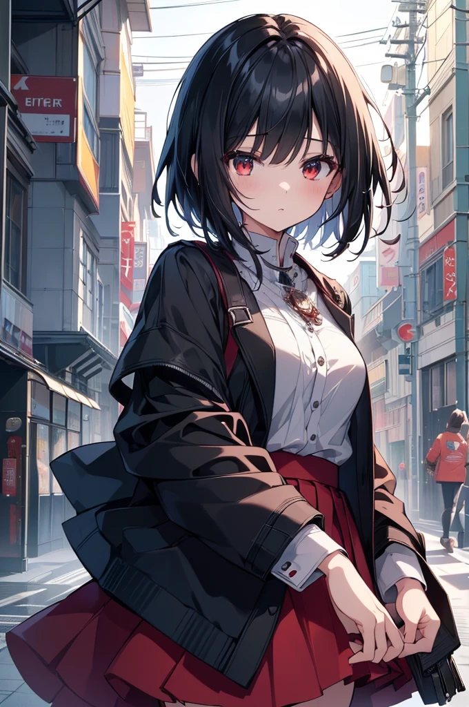 (masterpiece, highest quality, highest quality, (No text), Beautiful and aesthetic:1.2),No text,アニメ、BREAK,One Girl,Black Hair Girl adult short hair older sister Beautiful eyes Red eyes cool Whimpering Black and Red skirt Black jacket White clothing whole body In town