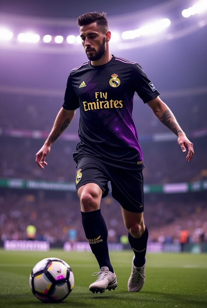 Make me the Real Madrid uniform but with black colors, purple and gold