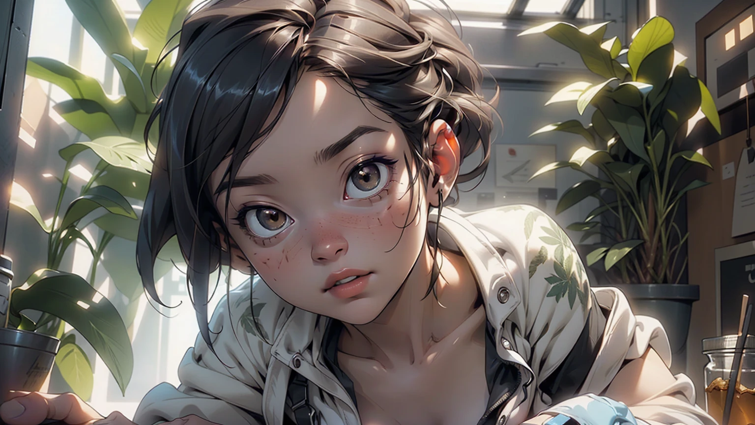 a beautiful 1 girl with ultra-fit six-pack abs, open white lab coat, no bra, cannabis laboratory, surrounded by cannabis plants, detailed face and body, photorealistic, 8k, dramatic lighting, cinematic composition, intricate details, vibrant colors, sublime atmosphere, dynamic pov