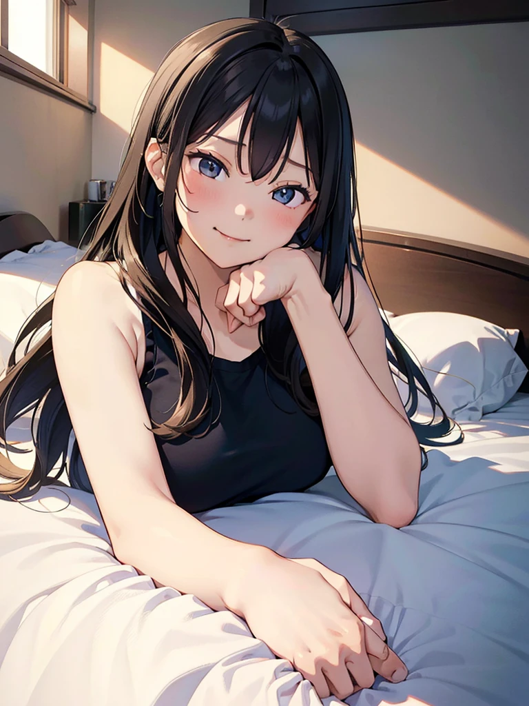 masterpiece, High resolution, High resolution, High resolution, Girl, cute, adorable, smiling, straight hair, long hair, black hair, morning, sunny, looking at the camera, bedroom, sunlight, tank top pajamas, (Resting chin:1.8) (on both hands:1.5), lying on bed, on stomach, on belly, (put stomach on bed:1.3)