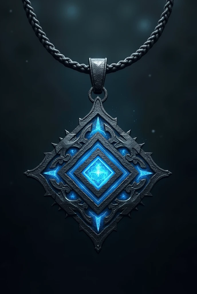An impressive necklace with a diamond-shaped pendant (similar to the afterlife symbol from the Mob of The Dead map from Call of Duty Black Ops 2), about the size of a human hand. The rhombus is made of a deep black metal, almost jet black, suggesting antiquity and supernatural power. The lines that intersect the rhombus, forming acute angles, They seem to radiate a blue energy that refers to electricity .
