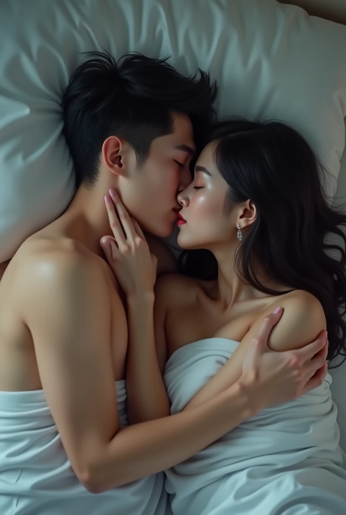 1 asian man and one asian woman resting in bed., She is kissing her lips, Cool backgrounds, Without clothes,Beautiful Skin,