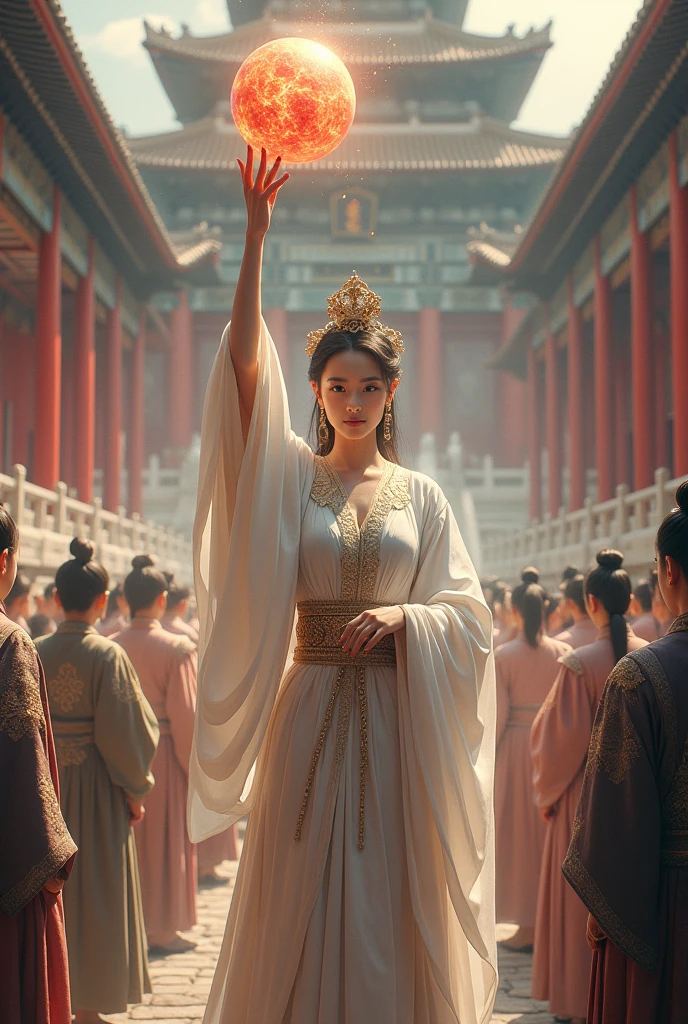 A princess in full Tang Dynasty regalia, dressed in white, stands in front of the townspeople in front of the palace, holding a dragon ball for everyone to bow down and pay respect.