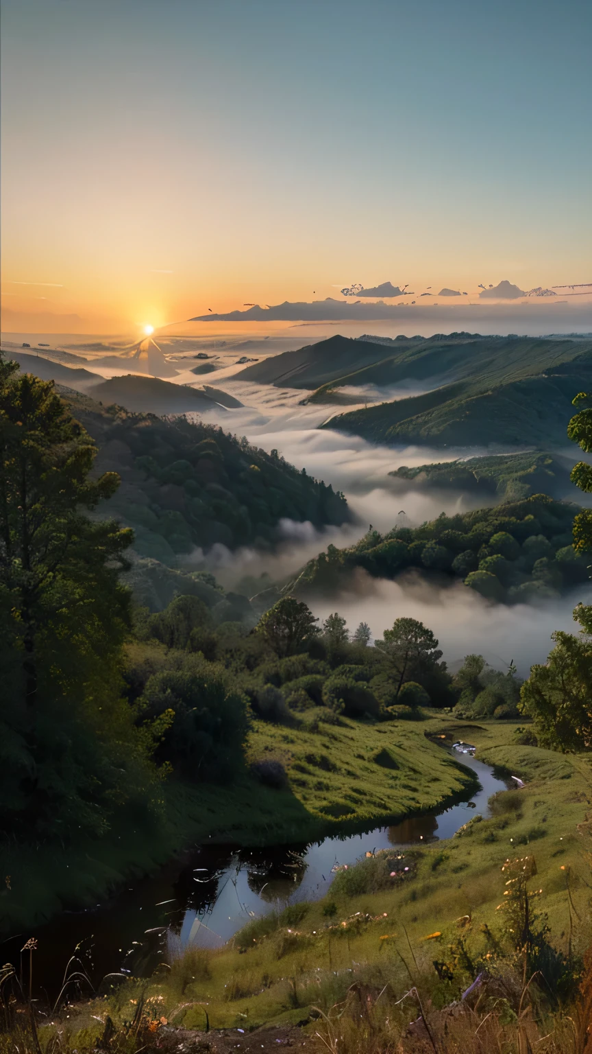 From a high vantage point, nature unfolds in a breathtaking panorama. Majestic mountains rise in the distance, their peaks brushing the soft hues of the setting sun. Below, a lush forest of trees sways gently, their leaves whispering secrets to the evening breeze. A delicate fog rolls in, wrapping the landscape in a mystical veil, while the sun dips lower, casting a golden glow that dances on the treetops and fades into the deepening shadows. The world below seems both vast and intimate, alive with the quiet beauty of a sundown embraced by nature's embrace.