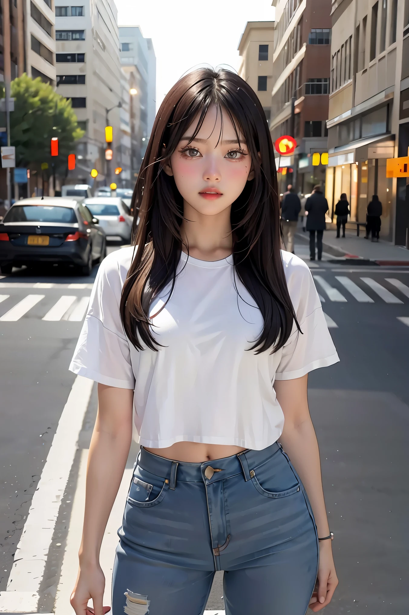 A young woman stands on the road, blurred background, beautiful, realistic