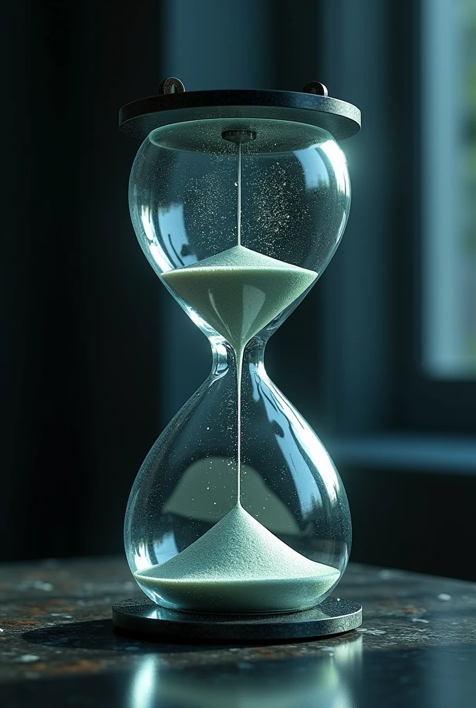 a detailed glass hourglass with two empty glass bulbs, film strips flowing out of the bulbs and forming inside the hourglass, the exterior of the hourglass resembles a medicine capsule, intricate details, cinematic, hyperrealistic, masterpiece, cinematic lighting, highly detailed, octane render, 8k, photorealistic, chiaroscuro, dramatic lighting, cinematic camera angle