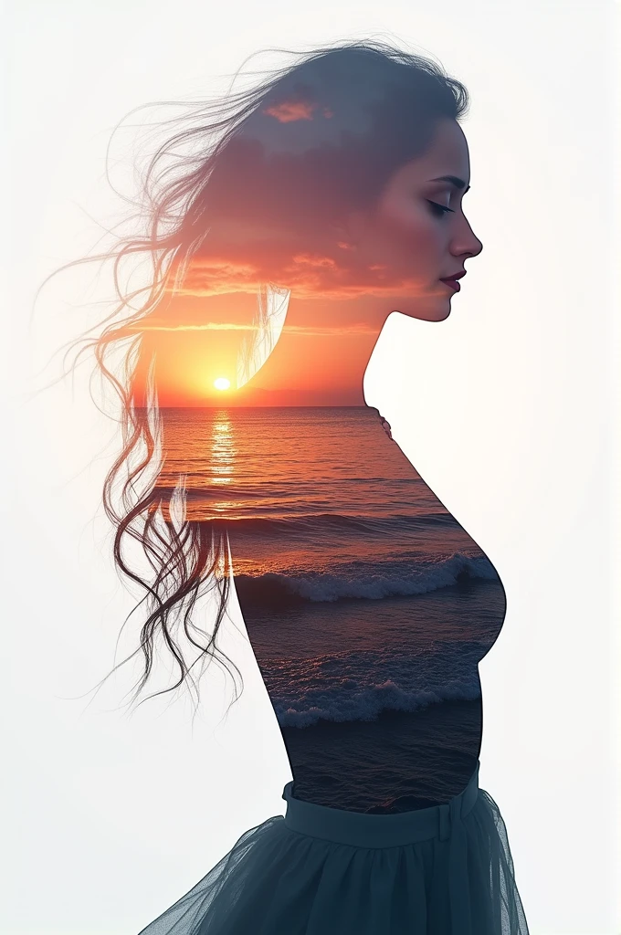 high quality, 8K Ultra HD, A beautiful double exposure that combines an goddess silhouette with sunset coast, sunset coast should serve as the underlying backdrop, with its details incorporated into the goddess , crisp lines, The background is monochrome, sharp focus, double exposure, by yukisakura, awesome full color,