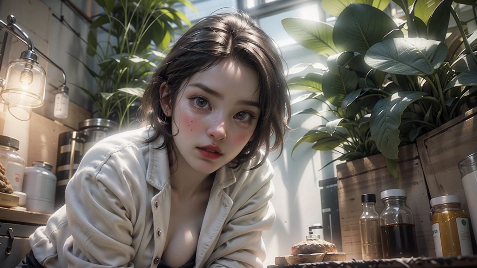a beautiful 1 girl with ultra-fit six-pack abs, open white lab coat, no bra, cannabis laboratory, surrounded by cannabis plants, detailed face and body, photorealistic, 8k, dramatic lighting, cinematic composition, intricate details, vibrant colors, sublime atmosphere, dynamic pov