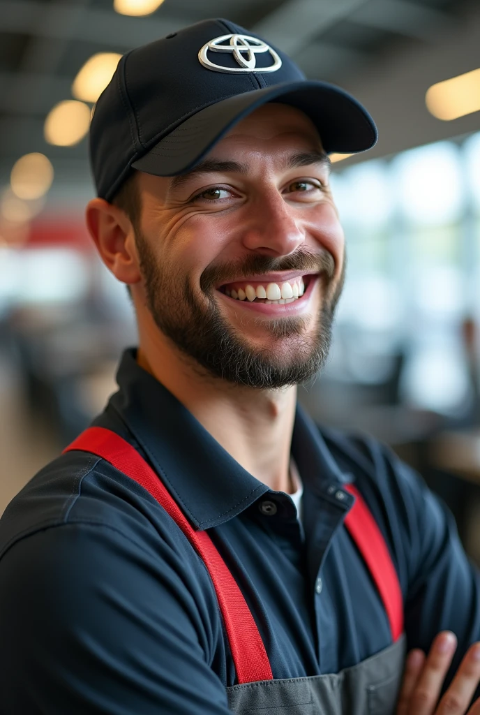 make a driver who is happy, he is at Toyota, he has a cap with a Toyota logo on it