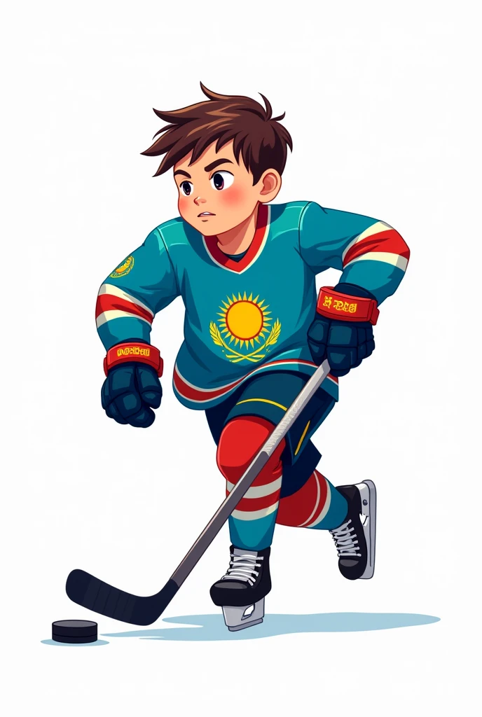 ((officially)) ((masterpiece)) ((Best quality)) ((detailed)) cartoon boy hockey player running with stick and dribbling puck in uniform with emblem flag of Kazakhstan on white background