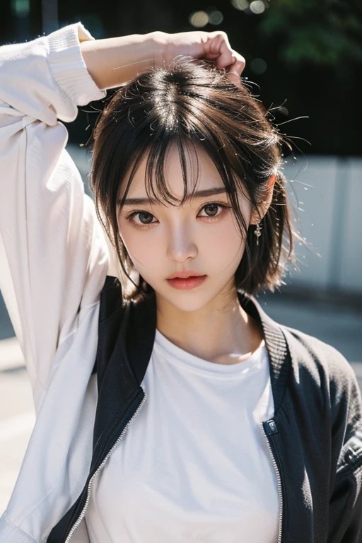 (2 Japanese girl,), (Small breasts:1.5,),(solo,Textured skin, Detailed skin,Detailed face,Detailed eyes,detailed posing,Natural eyebrows,Perfect limbs,High detail, Highest quality, Super detailed, Surrealism, ,8k,RAW Photos,Photographicism,Professional Lighting,Portrait Photography,),((Black Hair, Dark Eyes,Natural Makeup,Simple earrings,Bob Hair,ribbon,happiness/joy)),(((Wear a jacket over a white T-shirt,Midnight)))