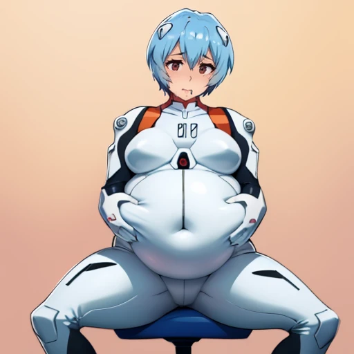 art by kipteitei, 1girl, light blue hair, rei ayanami from the anime evangelion, big plump belly, huge belly, ((white plug suit)), blushing, nerv hq background, sitting in chair, grabbing her own belly, moaning, panting, visible breath