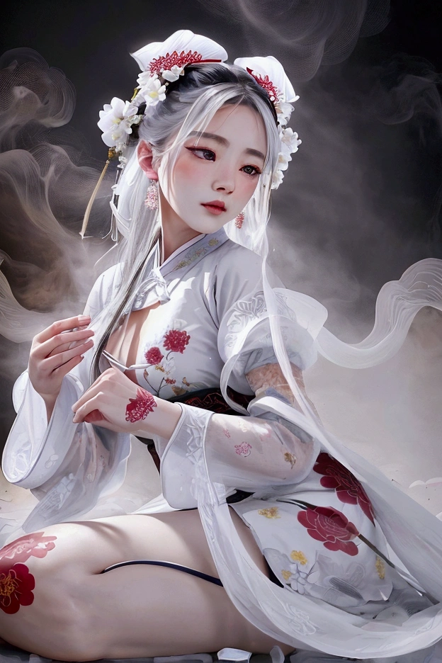 zhongfenghua, 1 Girl, only, Hanfu, antique_China_architecture, Flower Field, Floral, (White smoke:1.3) (Realistic Portraits:1.4), legwear,tangled, Mandala, twist, Official Art, Unity 8k Wallpaper, Ultra Detailed, Beautiful and beautiful, masterpiece,best quality, (Dynamic Angle:1.4), Shiny skin, (Colorful sparks floating:1) The most beautiful form of chaos, elegant, Barbarian design, Vibrant colors, Exotic romance, Depth of Field._dance, Red flowers,legwear
