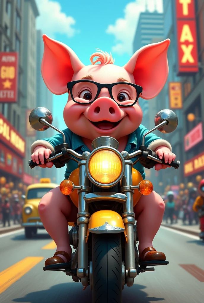 Pig with glasses on a motorcycle taxi
