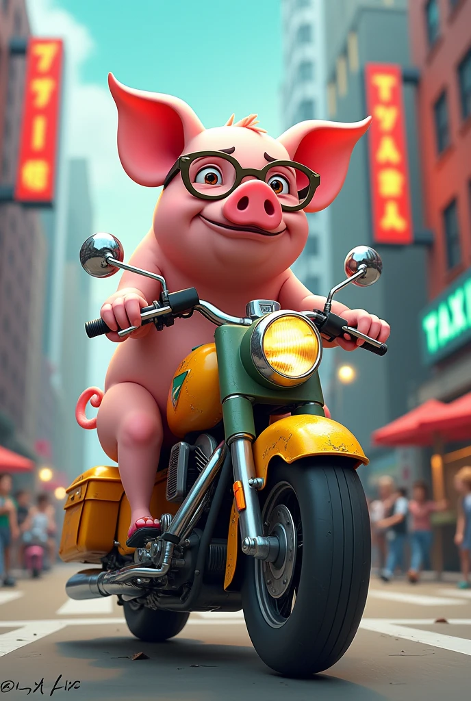 Pig with glasses on a motorcycle taxi