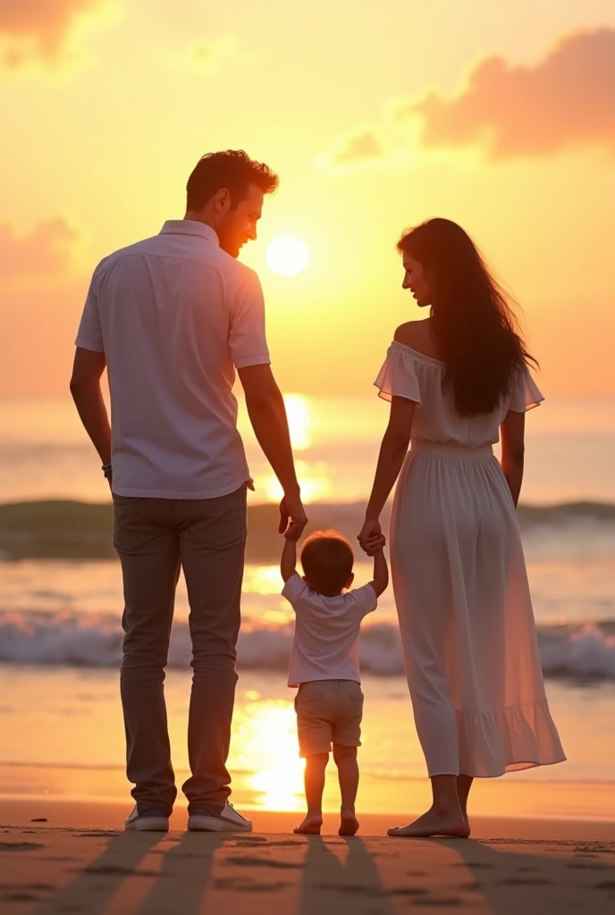 Husband wife and ???  togather sunset pic in a beach.