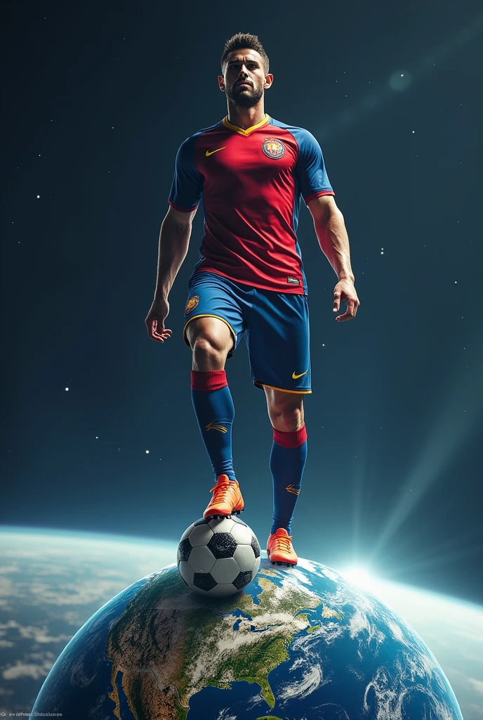 European football player stepping on planet earth as if it were a football