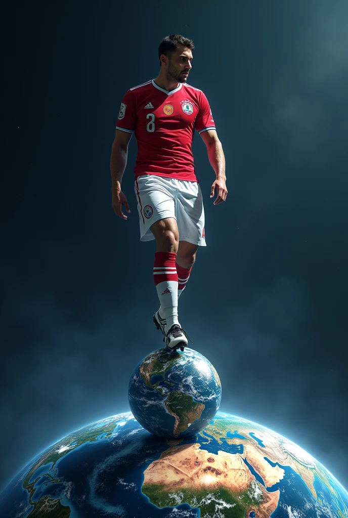 European football player stepping on planet earth as if it were a football