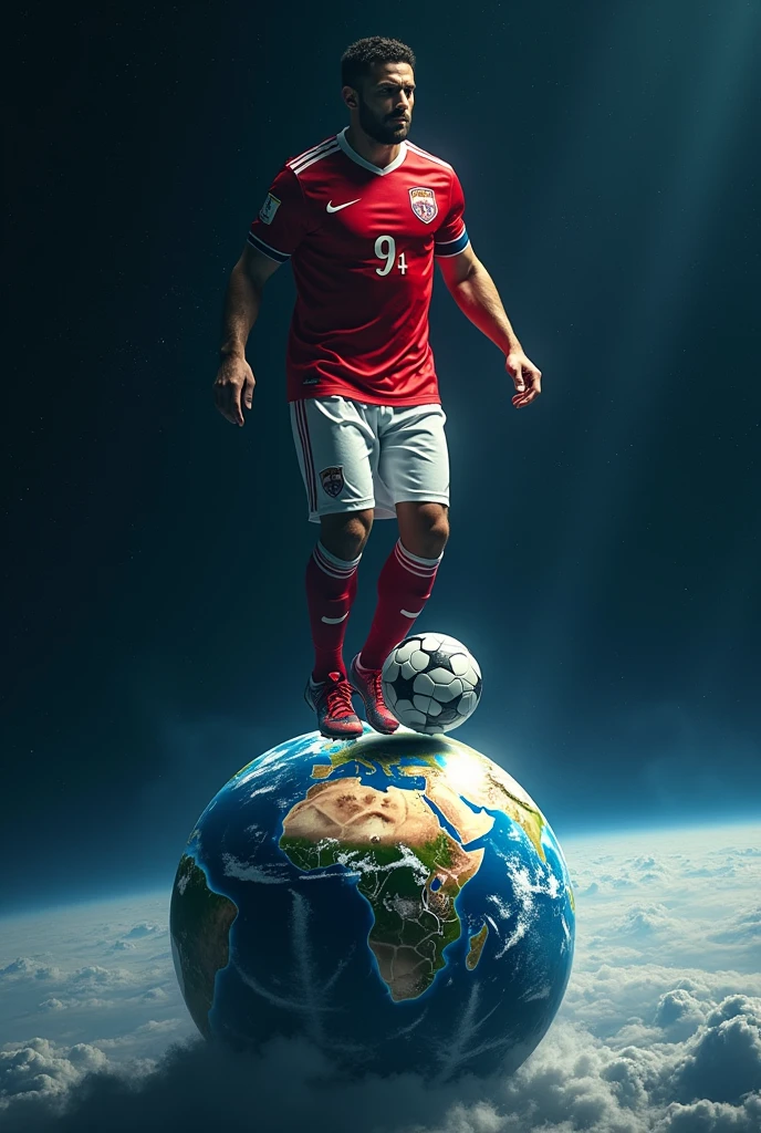 European football player stepping on planet earth as if it were a football