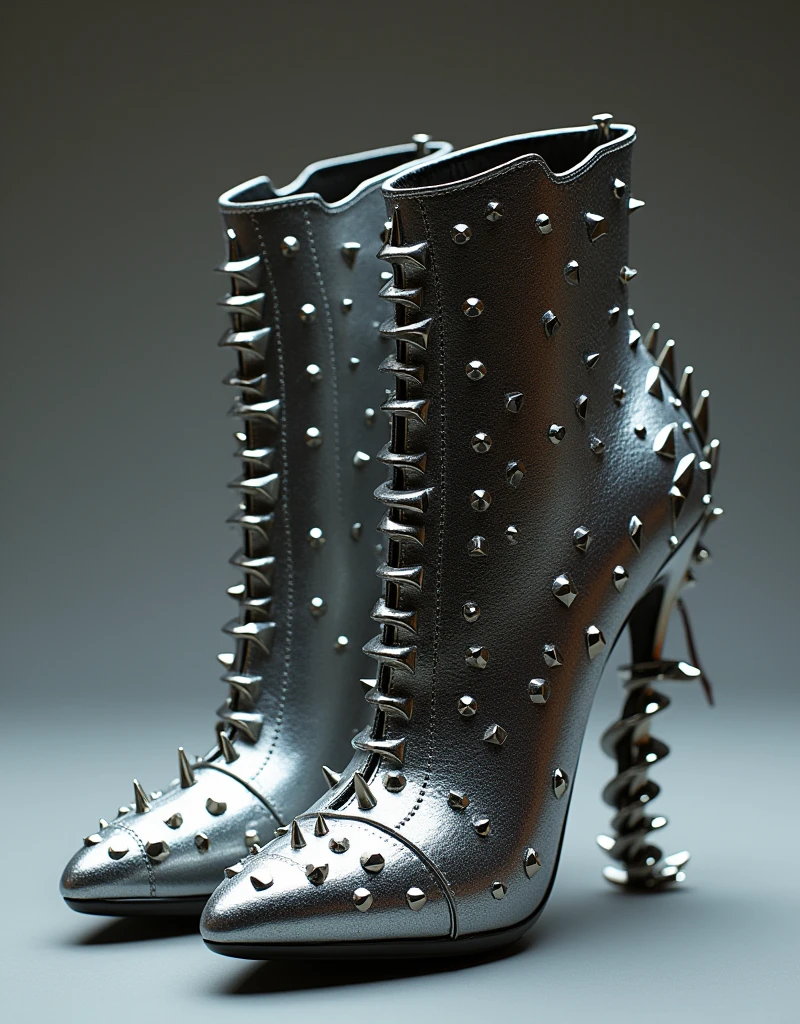 The toes are sharp、The heel is a screw-shaped、Equipped with countless metal rivets and sharp blades、Shiny metallic silver stiletto heels