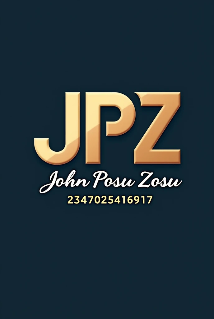 Design a business label featuring the display letters "JPZ" as the central element. It should prominently display the letters "JPZ" in a bold, distinctive font. Under the letters "JPZ" inscribe the word "John Posu Zosu" in italics cursive writing. Under the word "John Posu Zosu" inscribe this numbers "2347025416917" in italics cursive writing. The design should convey professionalism and strength, with a color scheme and style that aligns with the business’s identity. Consider incorporating elements that complement the letters, such as a modern or classic border, to enhance the overall appearance and ensure the label is both eye-catching and memorable and image should be in landscape.