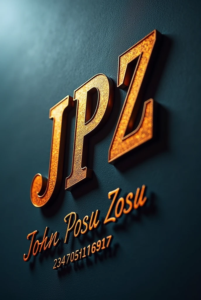 Design a business label featuring the display letters "JPZ" as the central element. It should prominently display the letters "JPZ" in a bold, distinctive font. Under the letters "JPZ" inscribe the word "John Posu Zosu" in italics cursive writing. Under the word "John Posu Zosu" inscribe this numbers "2347025416917" in italics cursive writing. The design should convey professionalism and strength, with a color scheme and style that aligns with the business’s identity. Consider incorporating elements that complement the letters, such as a modern or classic border, to enhance the overall appearance and ensure the label is both eye-catching and memorable and image should be in landscape.