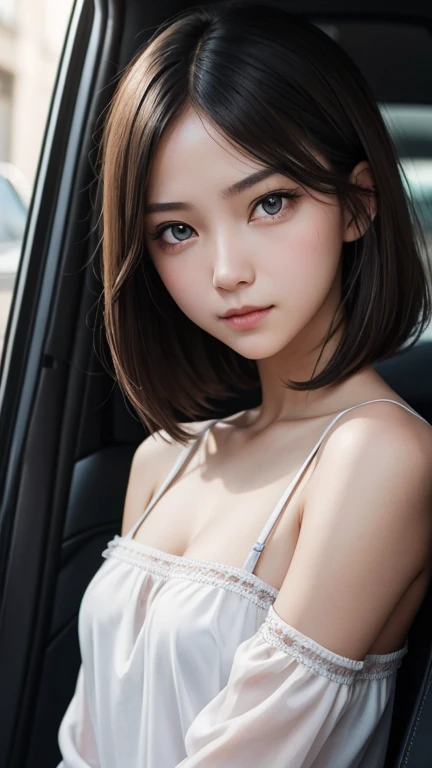 a girl who has short, beautiful shoulder-length hair and eyes that have the impression of a sharp gaze and has a cheeky and indifferent facial gesture