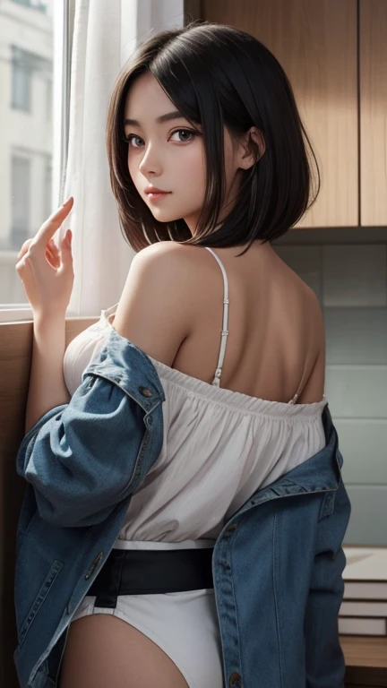 a girl who has short, beautiful shoulder-length hair and eyes that have the impression of a sharp gaze and has a cheeky and indifferent facial gesture
