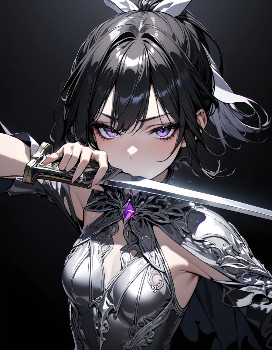 (masterpiece)、(absurdres)、(ultra detailed)、(8k),Anatomically correct,(solo lady,shiny black hair,shiny purple eyes,short highponytail,(1white ribbon;1.1),(small breast:0.9),(silver detailed Gothic dress:1.1),BREAK,black flared skirt,from  front:0.8,Defensive Pose:1.2,Serious,half-closed eyes,Hold the sword sideways to your mouth:1.3/sword covering on face,upperbody shot:1.2,simple darkness background,in the darkness:1.4,