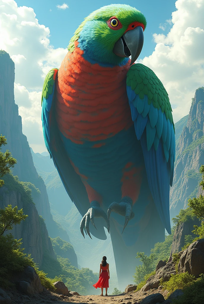 The parrot is bigger than person in the mountain with person