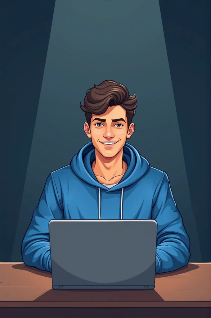 ULTRA RELASTIC YOUNG HANDSOME BOY WHO IS WEARING. A BLUE HOODIE. HE IS SITTING BEHIND HIS LAPTOP IN HIS OFFICE. ARMS ON HIS DESK. IT IS NIGHT.HE IS VERY HAPPY. THE ROOM HAS VOLUMETRIC LIGHTING. HE IS FRONT FACING TO THE CAMERA. LOOKING STRAIGHT AND CENTERED. CENTRAL PORTRAIT. SITTING STRAIGHT. FRONT VIEW. CENTERED LOOKING STRAIGHT. THE OVERALL AMBIANCE OF THE IMAGE SHOULD CONVEY A CONNECTION TO MINIMALISM. FLAT ILLUSTRATION. BOLD LINE. MINIMALISM. SIMPLIFIED. GOUACHE ILLUSTRATION. 8K RESOLUTION