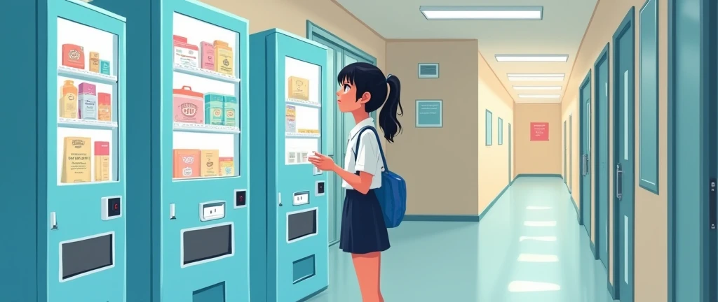girl student using pastel blue vending machine in school hallway that has neutral theme containing period products for girls. The style should be 2d art