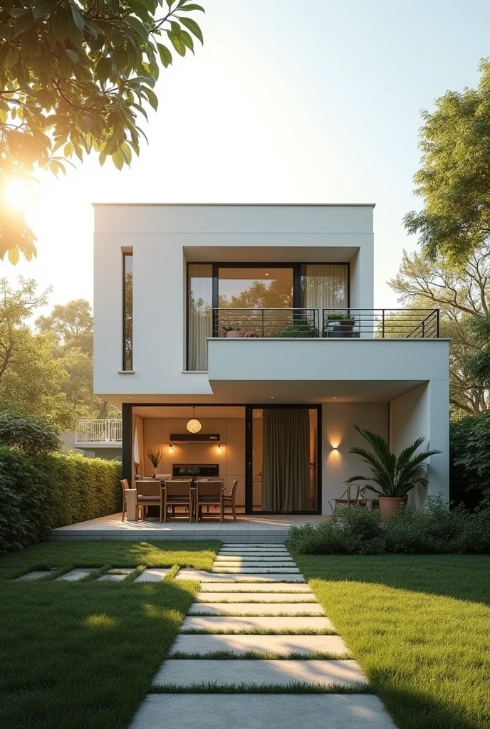 A minimalist modern house with a simple yet aesthetic facade. The yard is clean and bathed in warm sunlight. The image is rendered in ultra detail, ultra realism, perfect details, 8k, and photorealistic.
