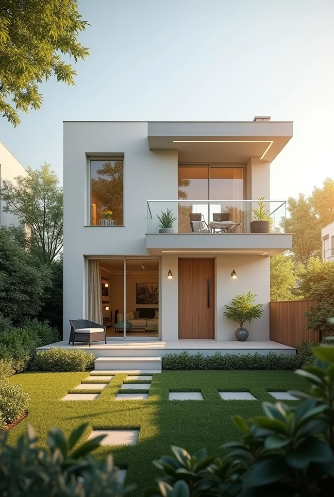 A minimalist modern house with a simple yet aesthetic facade. The yard is clean and bathed in warm sunlight. The image is rendered in ultra detail, ultra realism, perfect details, 8k, and photorealistic.