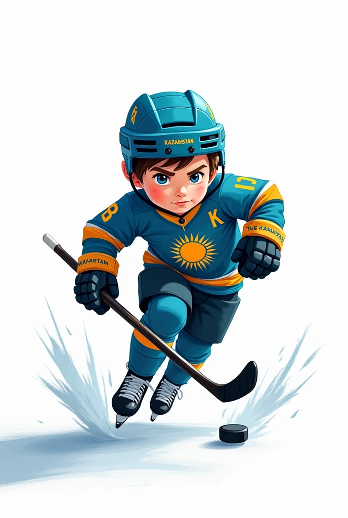 ((officially)) ((masterpiece)) ((Best quality)) ((detailed)) cartoon boy hockey player running with stick and dribbling puck in uniform with emblem flag of Kazakhstan on white background