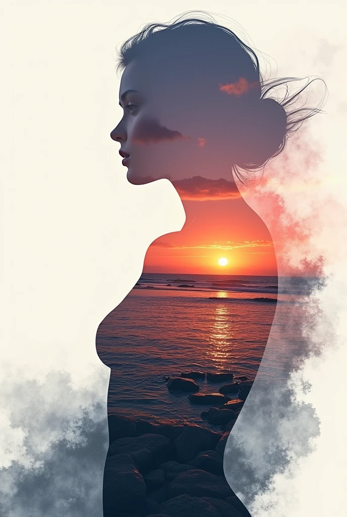 high quality, 8K Ultra HD, A beautiful double exposure that combines an goddess silhouette with sunset coast, sunset coast should serve as the underlying backdrop, with its details incorporated into the goddess , crisp lines, The background is monochrome, sharp focus, double exposure, by yukisakura, awesome full color,