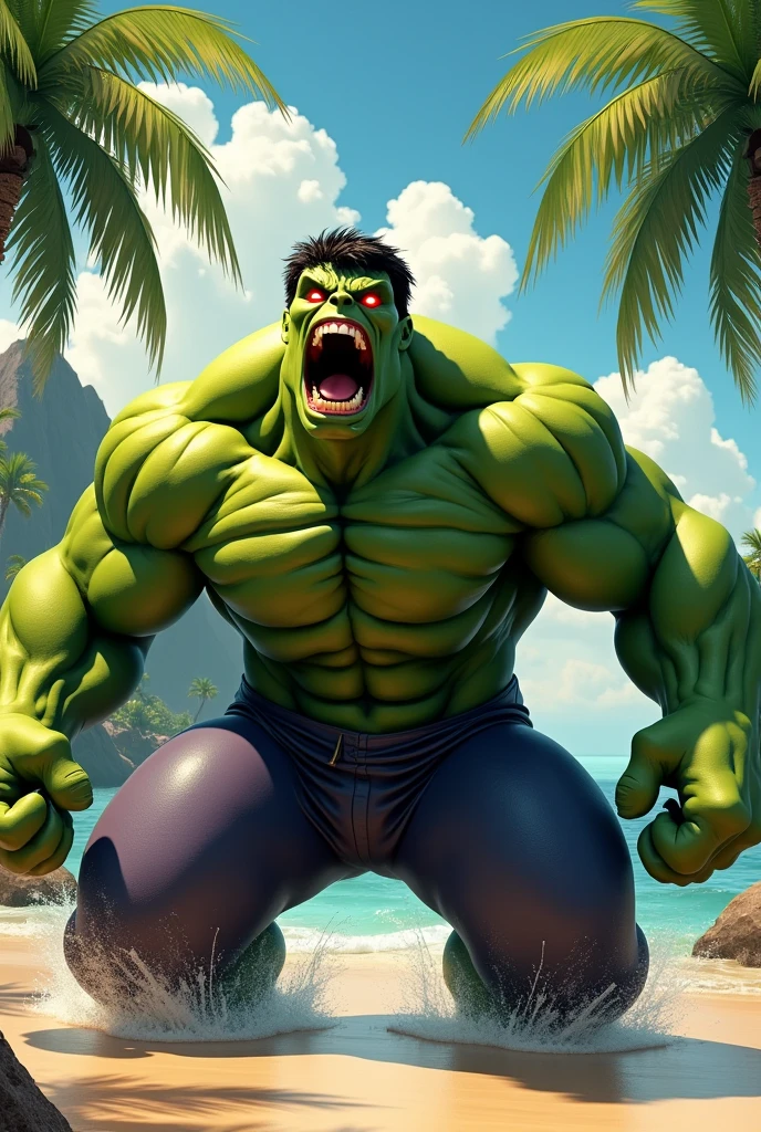 A angry hulk sitting on hayana roaring muscular red eyes 