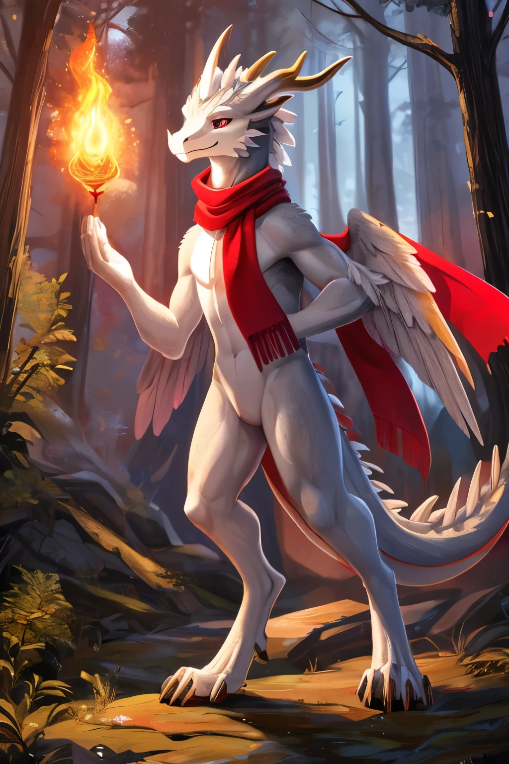 (anime), (front facing), (looking at the camera), slim furry white and gray dragon using old magic, white main body color, (red, orange, yellow and magenta undertones), smooth skin, very long muzzle, neck and tail fur, digitigrade, creative horns, feathers, gradients, (wearing only a scarf), nature background, full body