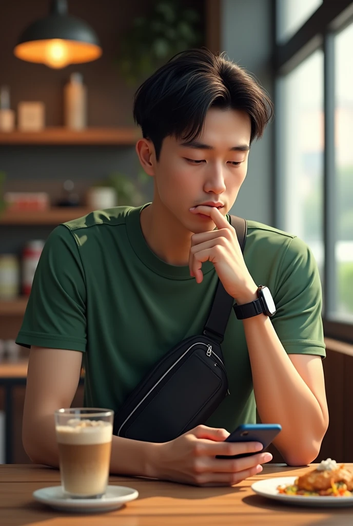 30s man clean face, green collar t shirt, black sling bag on chest while smoking, wearing smart watch, using phone on wooden rectangle table, table with a glass of plastic coffee and a plate of eaten food , at stall area