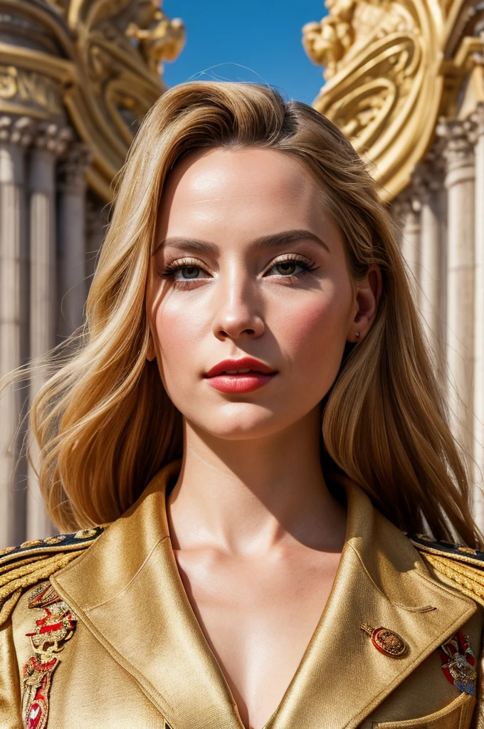 award-winning professional and realistic photo of future Empress of Europe, propaganda photo, supreme beauty, EU propaganda, EU iconography, incredibly gorgeous outfit, detailed textures, sharp focus, ultra-high pixel detail, 16k RAW footage, masterpiece