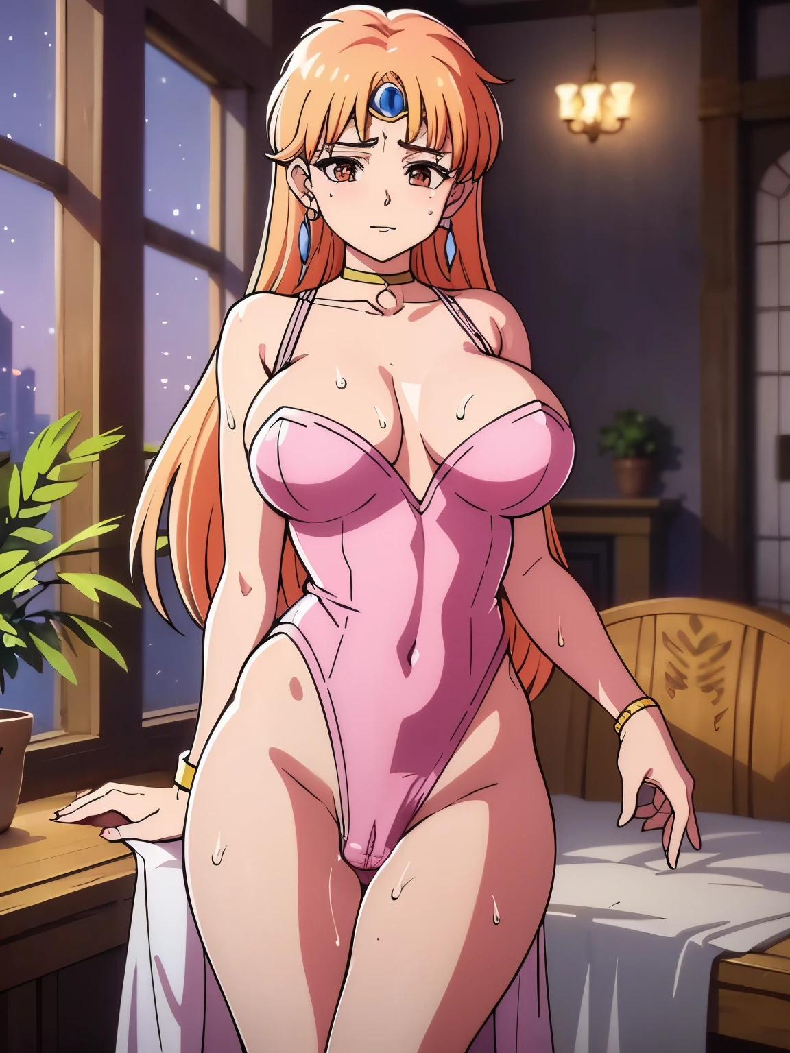 (masterpiece, highest quality:1.2), Ultra-high resolution), RAW Photos, Professional Lighting, Cinema Lighting, (1 girl), Leona, Dragon Quest:dai no daibouken, (blonde, Long Hair, Brown eyes, hair ornaments, bangs), ((brass Circlet, choker, Earrings, extremely wedgie & high cut leotard, white & pink mixed leotard, angel wings on back, Golden collar, golden bracelet)), earrings, (((ultra large natural breasts, Super huge tits, Super huge boob, Super huge cleavages))), (ultra realistic & detailed interior of medieval wooden motel in the village, bed, dark atmosphere, night, moon view via window, candle), (Ultra Slim Waist, Ultra slim model body style), Highly detailed face, Highly detailed eyes, (ultra huge dildo under cloth situation:2.0, insert ultra huge dildo penis into her own vagina:2.0, put ultra huge dildo penis into her own pussy:2.0), (nsfw:2.0, sweat bodies:2.0), standing, full body shot, zoom out view,