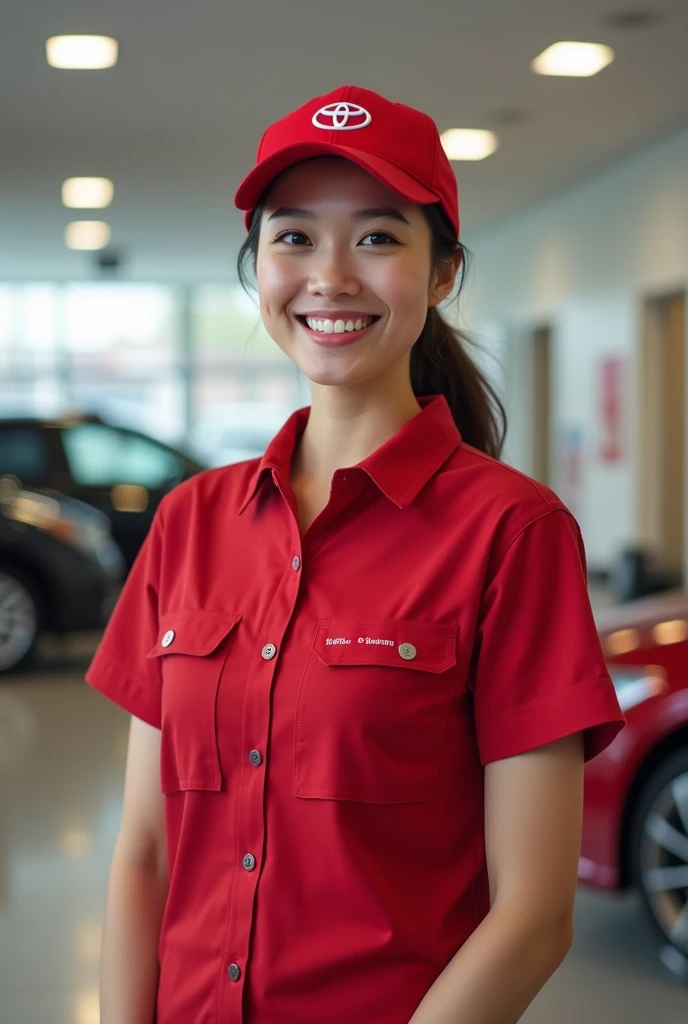 make a driver who is happy, he is at Toyota, he has a cap with a Toyota logo on it,show your whole body