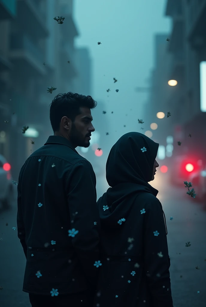 Background: A dimly lit cityscape with hints of fog, evoking a sense of mystery and danger. The city lights should be somewhat blurred, creating an atmosphere of suspense.Color Palette: Dark, moody colors like deep blues, grays, and black, contrasted with a touch of red to symbolize revenge and danger.
Title & Font: "Forget Me Not" in bold, dramatic font, placed at the top or center. A subtitle or tagline, such as “A Mystery of Love and Revenge,” in a smaller, more elegant font. Show some blue forget me not flowers and show a 30 years old boy's and a 2 hijabi girl's shadow in it facing opposte diractions
Create image for the novel
