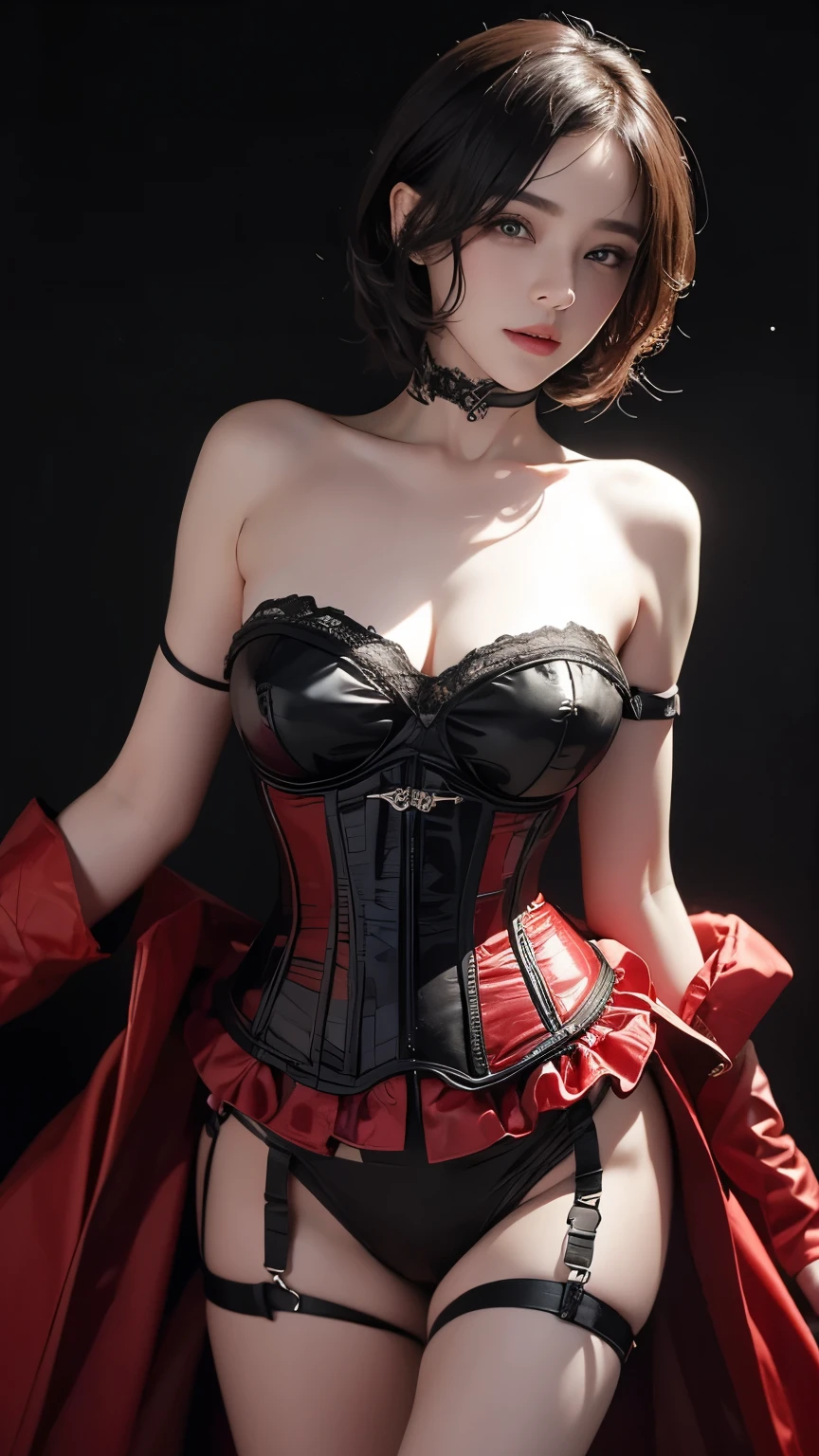 masterpiece, Highest quality, Very detailed, To the camera, 複雑に詳細なVery detailedな, Realistic, Sharp features, Very detailed, Sharp focus, Perfect Face, Perfect Face, Perfect symmetry and perfect eyes, Perfect Plump Lips, Flexible female form, Cinematic, Film Light, Very detailedな, hyper Realistic, masterpiece, Atmospheric, High resolution, Vibrant, Dynamic Studio Lighting, ((Dark Background)), The facial expression when feeling happy, handcuffs, BDSM, slave, Rubber, Red Corset, (赤いfirst round), ((Highest quality, 8k, masterpiece: 1.3)), Sharp focus: 1.2, Beautiful woman with perfect figure: 1.4, Slim Abs: 1.2, Wet body: 1.5, Very detailedな顔と肌の質感, Detailed eyes, double eyelid, Very short hair,((Sm嬢)),((m嬢)),handcuffs,first round,Red and black outfit