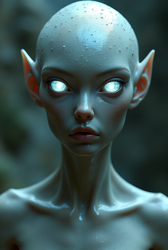 Alien with female appearance
Without hair
Shiny flaky skin
Bright translucent crystal eyes