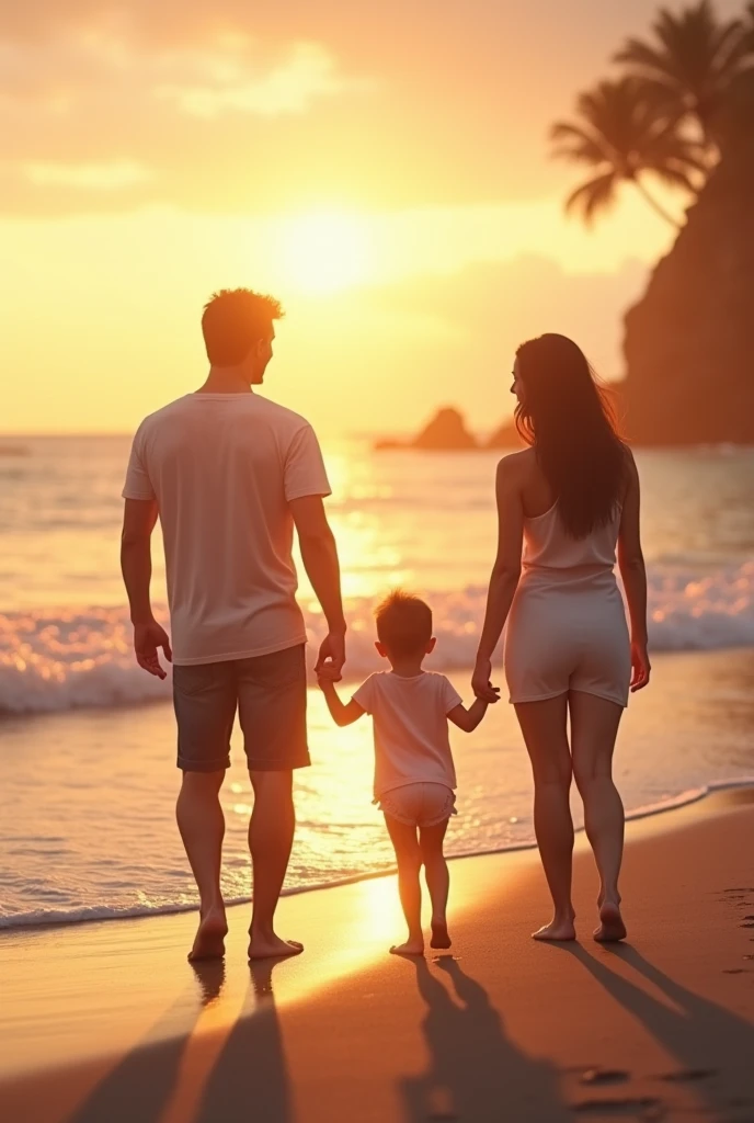 Husband wife and kid  togather sunset pic in a beach.